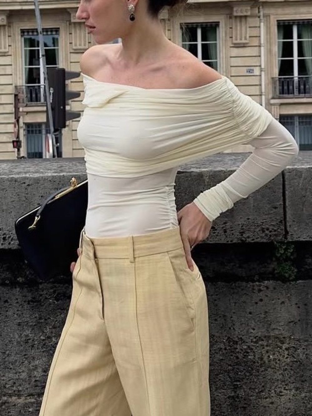 H&M STUFIO Off-Shoulder Ivory Long-Sleeve Women's Top